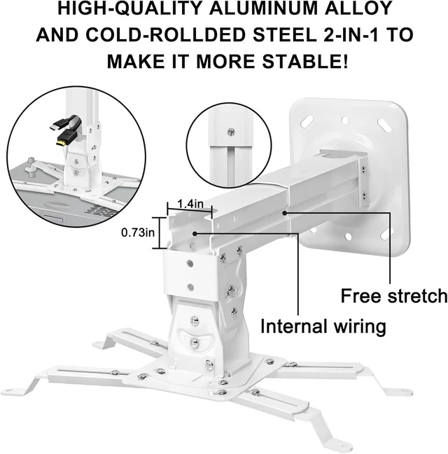 Alt view image 3 of 7 - Heavy Duty Projector Ceiling Mount Max Load 45lbs/21kg, Extendable 11.4-15.3in/29-39cm, Universal Angle Adjustable, White