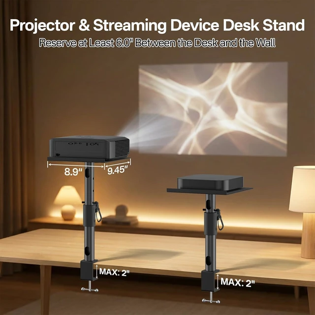 Alt view image 2 of 6 - 2-Pack Adjustable Clamp-On Projector Stand Heavy Duty 40 lbs Each, Dual Tabletop Stands for Projector, Streaming Device, Gaming Console & Laptop, Home Theater & Office