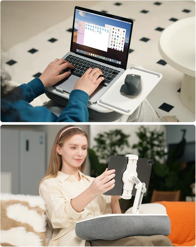 Alt view image 3 of 7 - Kindle Pillow Stand Holder & Phone Holder for Bed Laptop Lap Desk with Mouse Pad, Fits 4.7-13" Kindle/Tablet/Phone & 10-15" Laptop, Snack Bowl, Cup & Detachable 360° Stand Arm