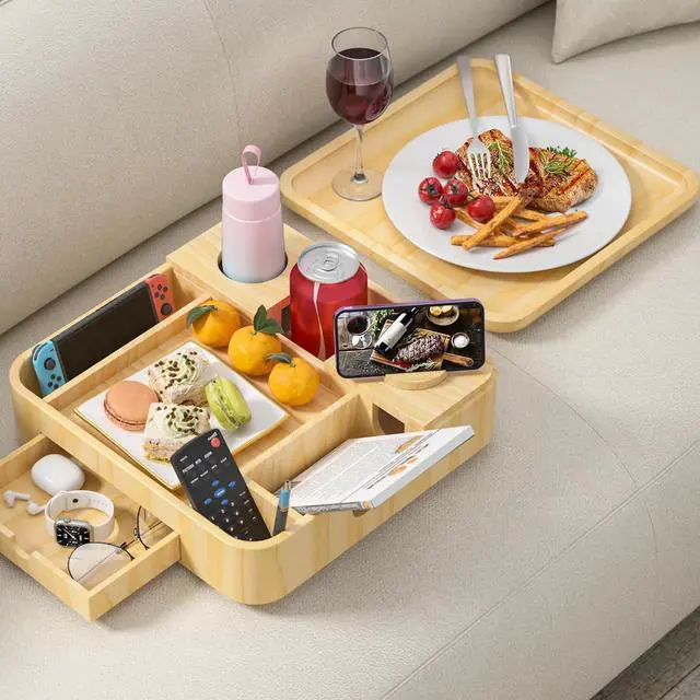 Main image of Couch Cup Holder, Couch Tray Cup Holder Sofa Tray, Large Capacity 2-Tier Wooden Trays with Drawer for Sofa, Bed, Picnic, Drinks, Snacks, Remote, Cell Phone, Headphones (Solid Pine Wood)12.5*12.5 in