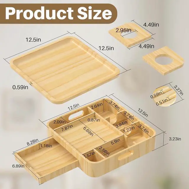Alt view image 2 of 7 - Couch Cup Holder, Couch Tray Cup Holder Sofa Tray, Large Capacity 2-Tier Wooden Trays with Drawer for Sofa, Bed, Picnic, Drinks, Snacks, Remote, Cell Phone, Headphones (Solid Pine Wood)12.5*12.5 in