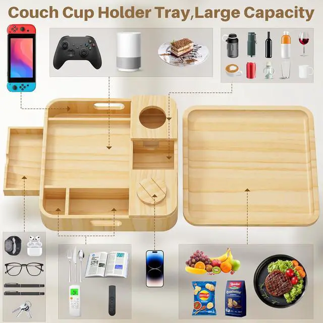 Alt view image 4 of 7 - Couch Cup Holder, Couch Tray Cup Holder Sofa Tray, Large Capacity 2-Tier Wooden Trays with Drawer for Sofa, Bed, Picnic, Drinks, Snacks, Remote, Cell Phone, Headphones (Solid Pine Wood)12.5*12.5 in