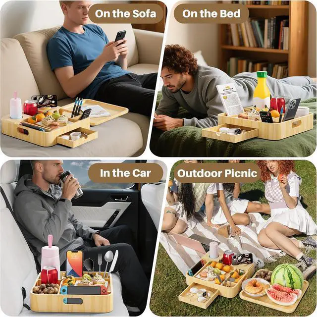 Alt view image 3 of 7 - Couch Cup Holder, Couch Tray Cup Holder Sofa Tray, Large Capacity 2-Tier Wooden Trays with Drawer for Sofa, Bed, Picnic, Drinks, Snacks, Remote, Cell Phone, Headphones (Solid Pine Wood)12.5*12.5 in