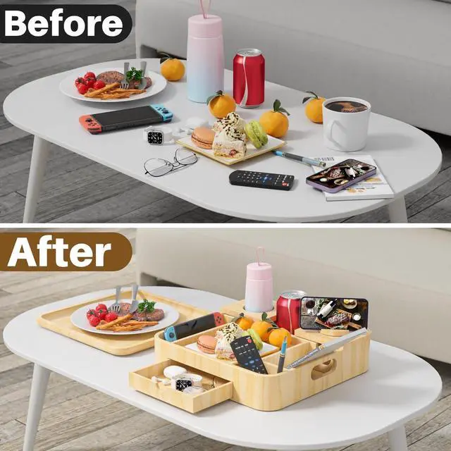 Alt view image 5 of 7 - Couch Cup Holder, Couch Tray Cup Holder Sofa Tray, Large Capacity 2-Tier Wooden Trays with Drawer for Sofa, Bed, Picnic, Drinks, Snacks, Remote, Cell Phone, Headphones (Solid Pine Wood)12.5*12.5 in
