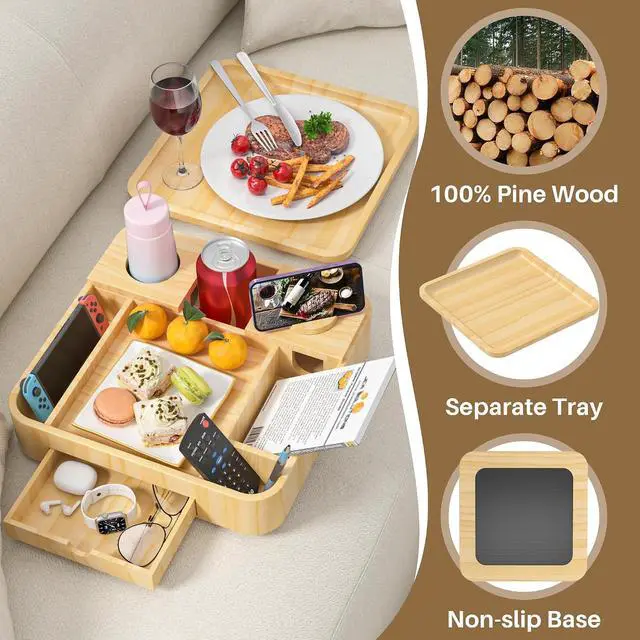 Alt view image 6 of 7 - Couch Cup Holder, Couch Tray Cup Holder Sofa Tray, Large Capacity 2-Tier Wooden Trays with Drawer for Sofa, Bed, Picnic, Drinks, Snacks, Remote, Cell Phone, Headphones (Solid Pine Wood)12.5*12.5 in