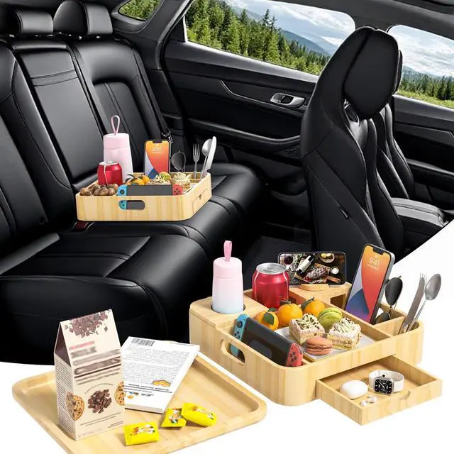 Alt view image 7 of 7 - Couch Cup Holder, Couch Tray Cup Holder Sofa Tray, Large Capacity 2-Tier Wooden Trays with Drawer for Sofa, Bed, Picnic, Drinks, Snacks, Remote, Cell Phone, Headphones (Solid Pine Wood)12.5*12.5 in