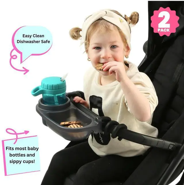 Alt view image 4 of 7 - Universal Stroller Snack Tray | Pack of 2 | Compatible with Nuna | Stroller Cup Holder | Bumper Bar | Stroller Tray Attachment with Cups Holder for Baby Toddler | Stroller Accessories