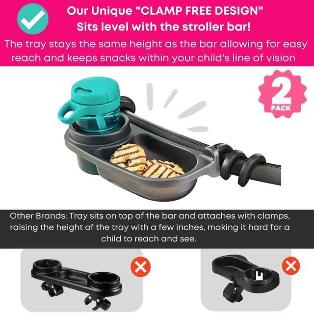 Alt view image 6 of 7 - Universal Stroller Snack Tray | Pack of 2 | Compatible with Nuna | Stroller Cup Holder | Bumper Bar | Stroller Tray Attachment with Cups Holder for Baby Toddler | Stroller Accessories