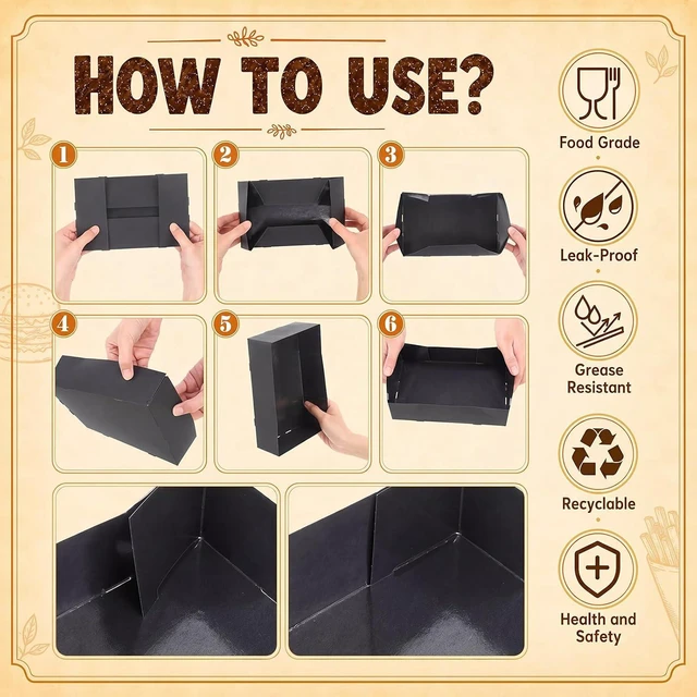 Alt view image 5 of 6 - 200 Pcs Kraft Food Trays 4 Corner Pop Up Disposable Foldable Cardboard Snack Tray for Movie Night, Parties, Stadiums & Theaters, Drink Holder (Black)