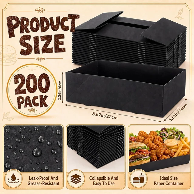 Alt view image 3 of 6 - 200 Pcs Kraft Food Trays 4 Corner Pop Up Disposable Foldable Cardboard Snack Tray for Movie Night, Parties, Stadiums & Theaters, Drink Holder (Black)