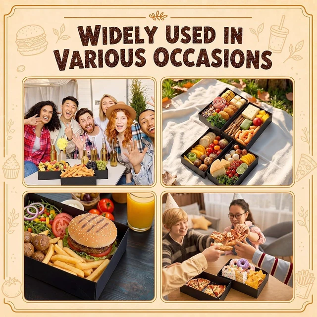 Alt view image 4 of 6 - 200 Pcs Kraft Food Trays 4 Corner Pop Up Disposable Foldable Cardboard Snack Tray for Movie Night, Parties, Stadiums & Theaters, Drink Holder (Black)