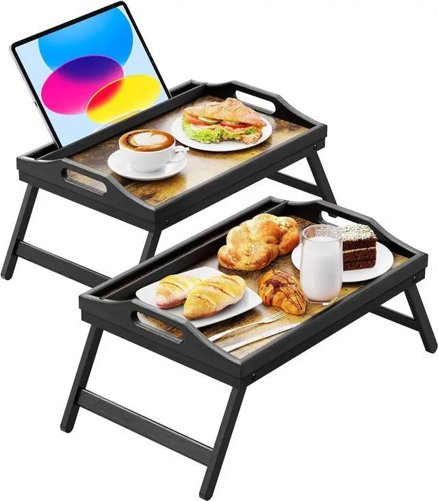 Main image of 2 Pack Breakfast in Bed Tray for Eating, 16.92 x 12.6 Inch Bed Table Tray with Folding Legs & Handles, Bamboo Food Lap Trays Fits for Adult Kids Eating/TV/Surgery Recovery by . Set of 2