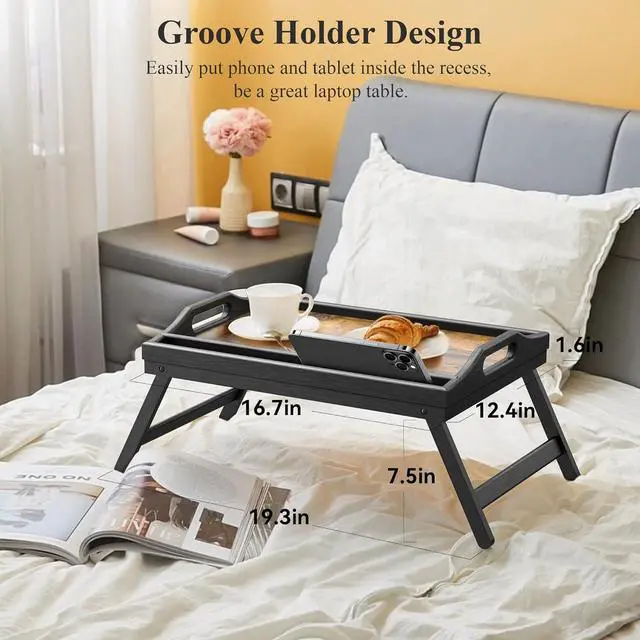 Alt view image 4 of 7 - 2 Pack Breakfast in Bed Tray for Eating, 16.92 x 12.6 Inch Bed Table Tray with Folding Legs & Handles, Bamboo Food Lap Trays Fits for Adult Kids Eating/TV/Surgery Recovery by . Set of 2