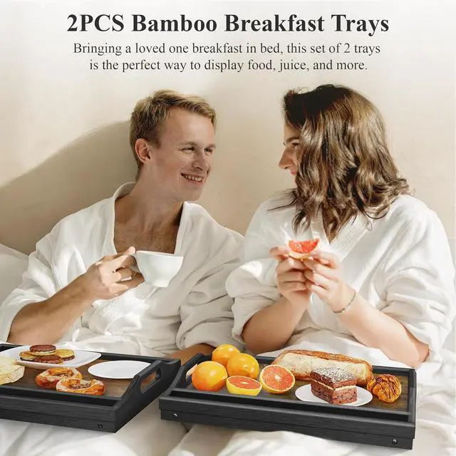 Alt view image 6 of 7 - 2 Pack Breakfast in Bed Tray for Eating, 16.92 x 12.6 Inch Bed Table Tray with Folding Legs & Handles, Bamboo Food Lap Trays Fits for Adult Kids Eating/TV/Surgery Recovery by . Set of 2