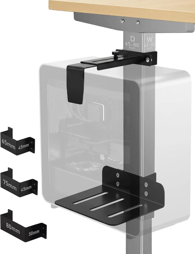 Main image of No-Drill Adjustable Under-Desk PC Mount for Standing Desks Computer CPU Holder Supports Up to 50 lbs, Easy Installation (Only Fits 80x50mm 75x45mm 65x45mm Desk Legs), Black
