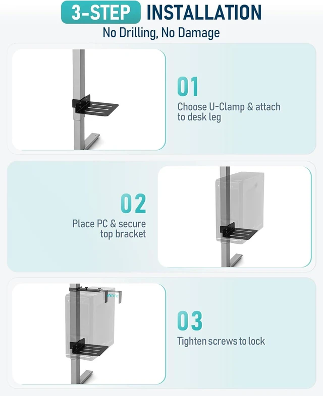 Alt view image 3 of 7 - No-Drill Adjustable Under-Desk PC Mount for Standing Desks Computer CPU Holder Supports Up to 50 lbs, Easy Installation (Only Fits 80x50mm 75x45mm 65x45mm Desk Legs), Black