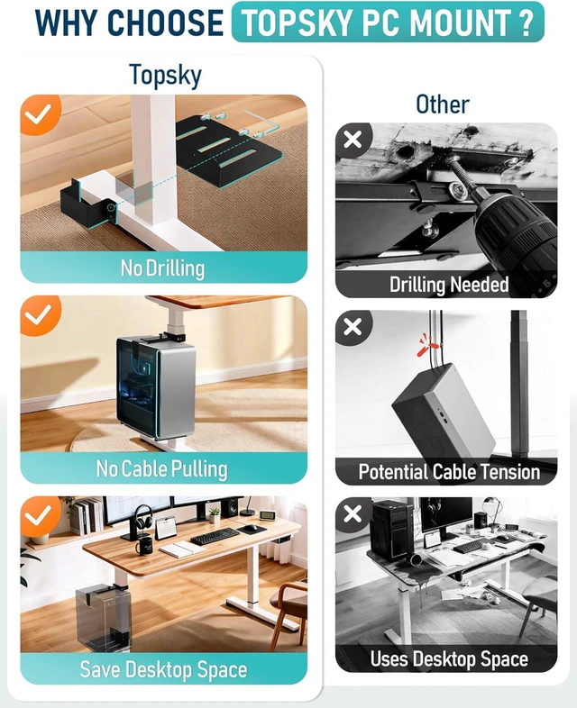 Alt view image 5 of 7 - No-Drill Adjustable Under-Desk PC Mount for Standing Desks Computer CPU Holder Supports Up to 50 lbs, Easy Installation (Only Fits 80x50mm 75x45mm 65x45mm Desk Legs), Black
