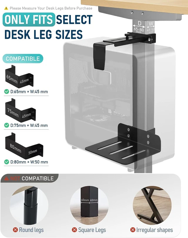 Alt view image 2 of 7 - No-Drill Adjustable Under-Desk PC Mount for Standing Desks Computer CPU Holder Supports Up to 50 lbs, Easy Installation (Only Fits 80x50mm 75x45mm 65x45mm Desk Legs), Black