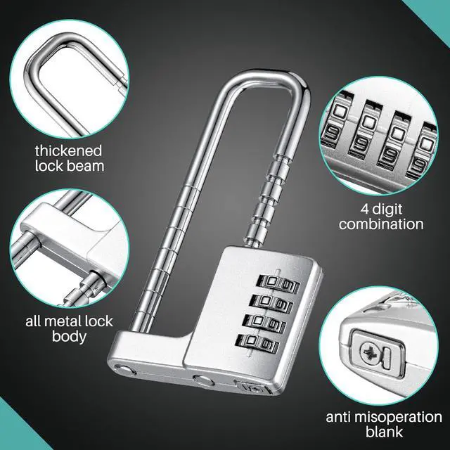 Alt view image 5 of 7 - 4 Pcs 4 Digit Combination Cabinet Lock U Shaped Code Gym 2.51 x 4.6 Inch Adjustable Padlock Metal Long Shackle Lock for Under 0.6" Width Outdoor College Fences Sports Lockers Gym