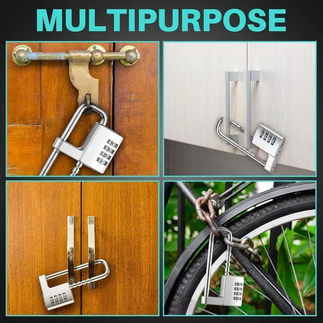 Alt view image 6 of 7 - 4 Pcs 4 Digit Combination Cabinet Lock U Shaped Code Gym 2.51 x 4.6 Inch Adjustable Padlock Metal Long Shackle Lock for Under 0.6" Width Outdoor College Fences Sports Lockers Gym