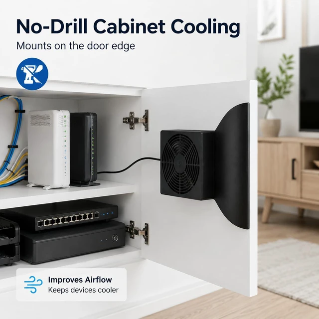 Alt view image 3 of 7 - No-Drill Cabinet Cooling Fan Quiet Slim Fan for Home Theater AV Cabinets, Electronics Enclosures, Server Racks & Ventilated Doors