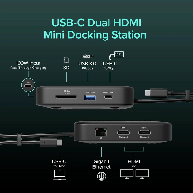 Alt view image 2 of 7 - 7-in-1 USB-C DisplayLink Dock Dual 4K 60Hz HDMI, USB-C & USB-A (10Gbps), SD Card, Gigabit Ethernet, 100W PD, Compatible with macOS & Windows, MacBook Dual Monitor Support