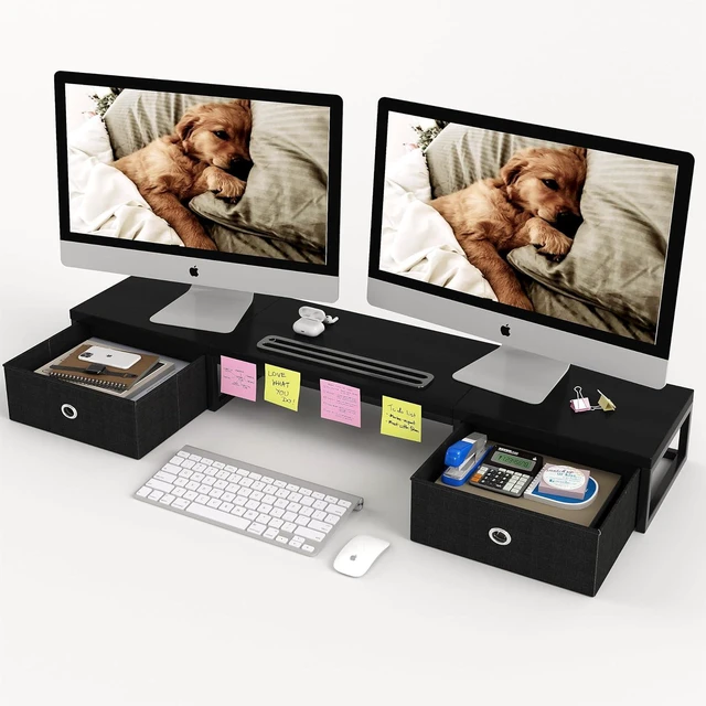 Main image of 39-Inch Dual Monitor Stand Riser with 2 Drawers Large Black Wooden Computer Stand, Ergonomic Desk Organizer with Phone Holder & Storage for Laptop, Office Supplies, Home Office