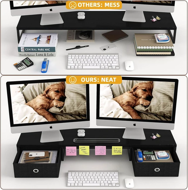 Alt view image 3 of 7 - 39-Inch Dual Monitor Stand Riser with 2 Drawers Large Black Wooden Computer Stand, Ergonomic Desk Organizer with Phone Holder & Storage for Laptop, Office Supplies, Home Office