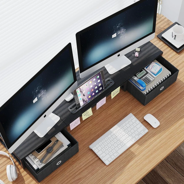 Alt view image 4 of 7 - 39-Inch Dual Monitor Stand Riser with 2 Drawers Large Black Wooden Computer Stand, Ergonomic Desk Organizer with Phone Holder & Storage for Laptop, Office Supplies, Home Office