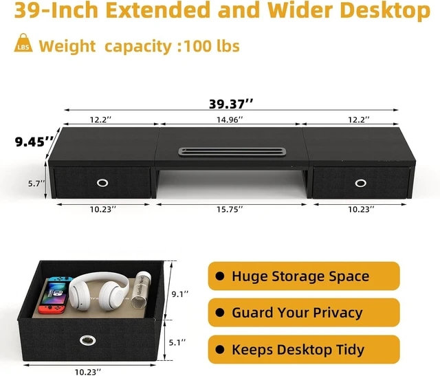 Alt view image 6 of 7 - 39-Inch Dual Monitor Stand Riser with 2 Drawers Large Black Wooden Computer Stand, Ergonomic Desk Organizer with Phone Holder & Storage for Laptop, Office Supplies, Home Office