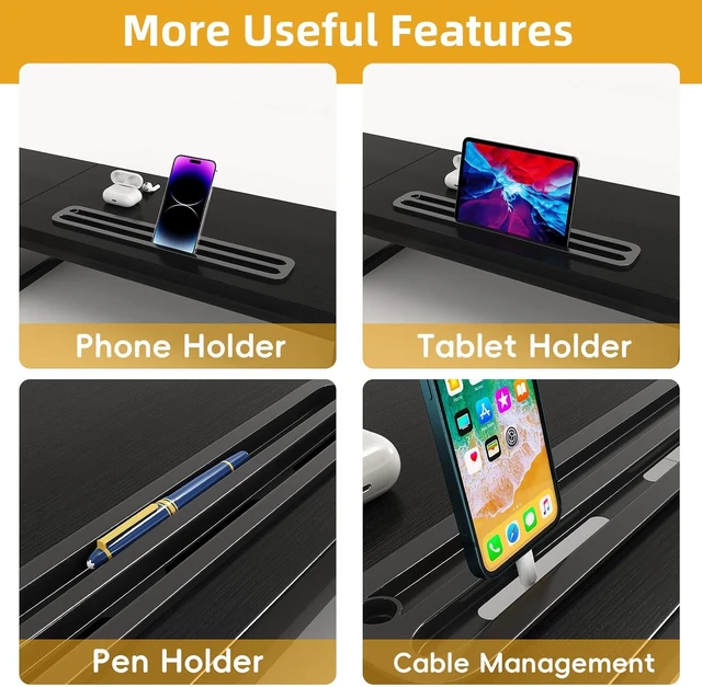 Alt view image 5 of 7 - 39-Inch Dual Monitor Stand Riser with 2 Drawers Large Black Wooden Computer Stand, Ergonomic Desk Organizer with Phone Holder & Storage for Laptop, Office Supplies, Home Office