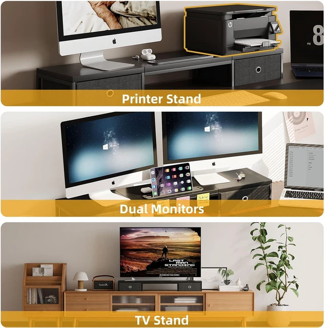 Alt view image 7 of 7 - 39-Inch Dual Monitor Stand Riser with 2 Drawers Large Black Wooden Computer Stand, Ergonomic Desk Organizer with Phone Holder & Storage for Laptop, Office Supplies, Home Office