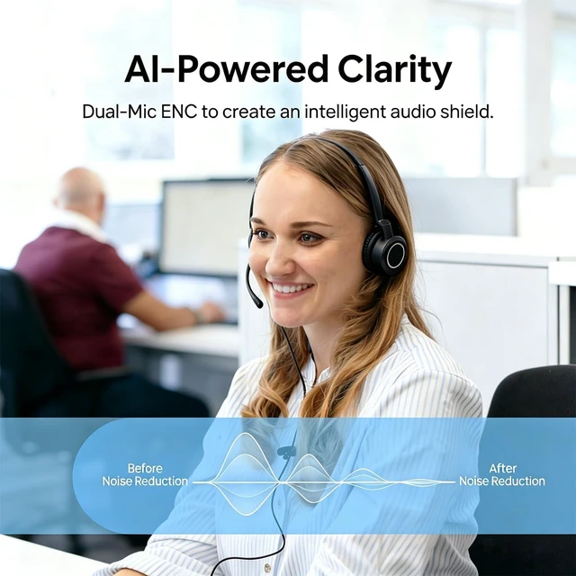 Alt view image 2 of 6 - Wired UC Headset with 2-Mic AI Noise-Cancelling Work Headphones with USB-C/A for PC/Laptop/IP Phones, MS Teams, Genesys, 3CX, Bria, Avaya Workplace, Cisco Jabber, GoogleMeet, Zoom (Binaural)