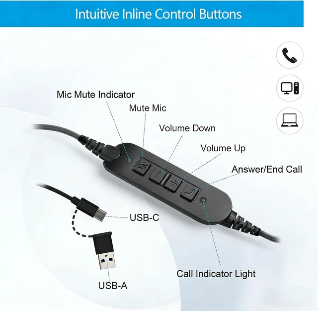 Alt view image 3 of 6 - Wired UC Headset with 2-Mic AI Noise-Cancelling Work Headphones with USB-C/A for PC/Laptop/IP Phones, MS Teams, Genesys, 3CX, Bria, Avaya Workplace, Cisco Jabber, GoogleMeet, Zoom (Binaural)