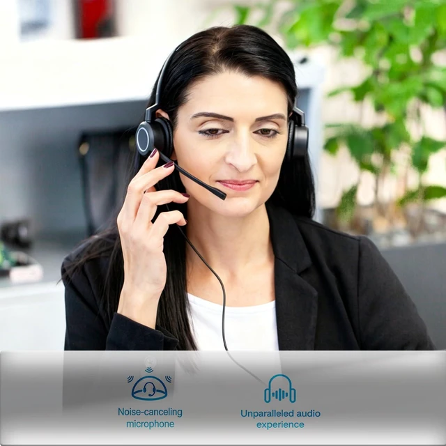 Alt view image 4 of 6 - Wired UC Headset with 2-Mic AI Noise-Cancelling Work Headphones with USB-C/A for PC/Laptop/IP Phones, MS Teams, Genesys, 3CX, Bria, Avaya Workplace, Cisco Jabber, GoogleMeet, Zoom (Binaural)