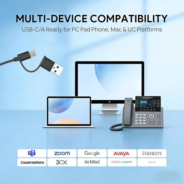 Alt view image 5 of 6 - Wired UC Headset with 2-Mic AI Noise-Cancelling Work Headphones with USB-C/A for PC/Laptop/IP Phones, MS Teams, Genesys, 3CX, Bria, Avaya Workplace, Cisco Jabber, GoogleMeet, Zoom (Binaural)