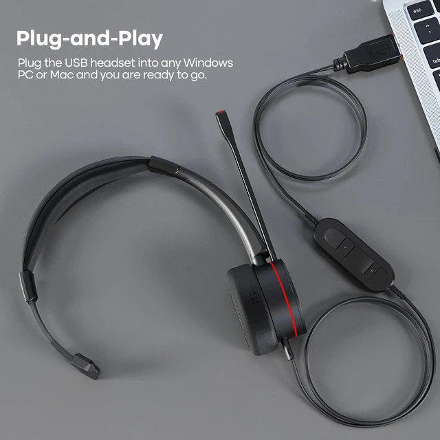Alt view image 2 of 6 - USB Headset with Microphone Noise-Canceling Wired Headphone for Call Centers, Office Headset for PC, Computer & Laptop, Works with MS Teams, Zoom, Webex & Conference, Black