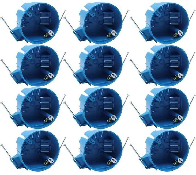 Main image of 1-Gang New Work Electrical Ceiling Box with Captive Nails,4 Dia,Blue,ETL Listed,Plastic Round Junction Box with Ground for Residential(Pack of 12)