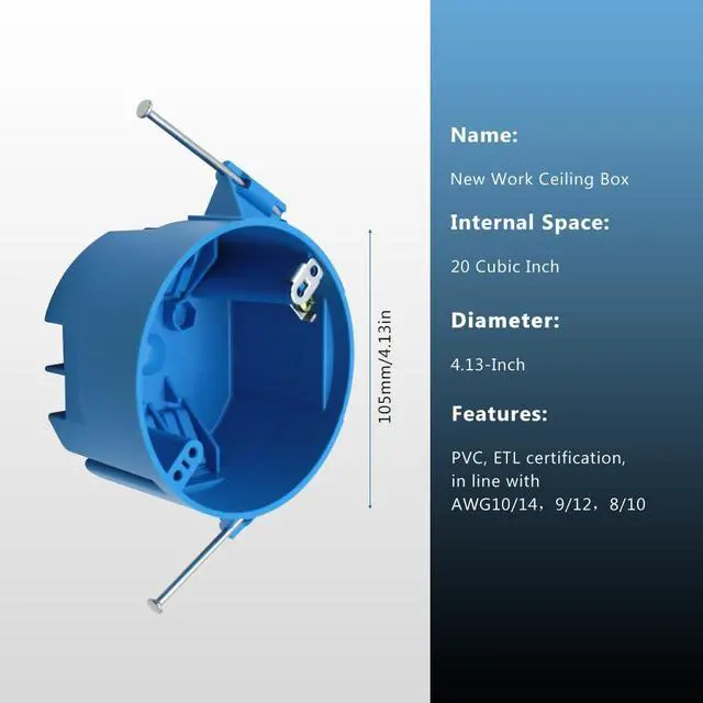 Alt view image 4 of 6 - 1-Gang New Work Electrical Ceiling Box with Captive Nails,4 Dia,Blue,ETL Listed,Plastic Round Junction Box with Ground for Residential(Pack of 12)
