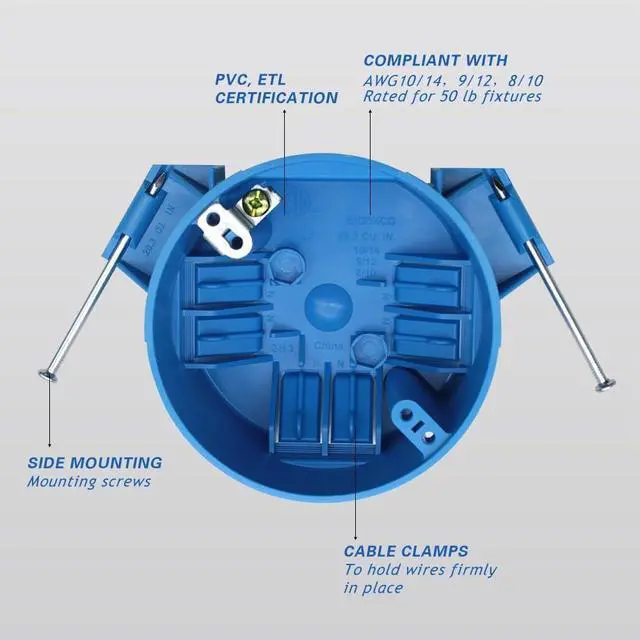 Alt view image 5 of 6 - 1-Gang New Work Electrical Ceiling Box with Captive Nails,4 Dia,Blue,ETL Listed,Plastic Round Junction Box with Ground for Residential(Pack of 12)