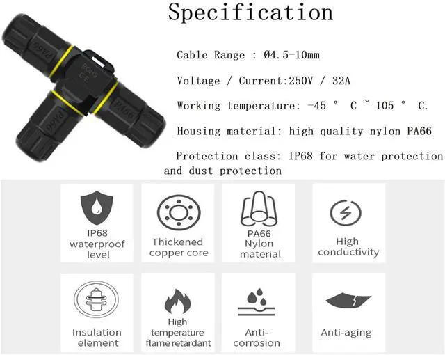 Alt view image 4 of 6 - 3 Way Junction Box IP68 Waterproof Electrical Junction Box 3 Pin Junction Box Outdoor Cable Connector for Underground/Outdoor Ø0.18-0.4in, Shielded Field Installable - 4Pack