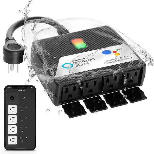 Main image of Smart Heavy Duty Outdoor Power Strip WiFi Plug Water-Resistant Socket, Electrical Power Extension Cord, Outlet Switch and Timer Works Remotely with Alexa, G Assistant (4 Sockets) Black