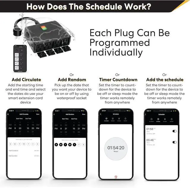 Alt view image 7 of 7 - Smart Heavy Duty Outdoor Power Strip WiFi Plug Water-Resistant Socket, Electrical Power Extension Cord, Outlet Switch and Timer Works Remotely with Alexa, G Assistant (4 Sockets) Black