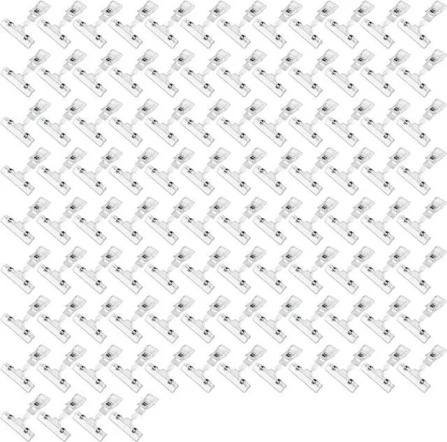 Main image of Clear Plastic Label Pop Clips - 100 Pack Swivel Double Sided Price Tag Clips for Sale on Display Shelves and Sign Holders