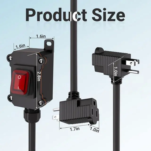 Alt view image 2 of 7 - Inline Power Switch with 15-ft 14AWG Cable Piggyback Plug(3-Pronged),Red LED Rocker Button,IP67 Waterproof Extension Cord with On/Off Switch, AC/DC 20A-125V / 16A-250V15FT/14AWG