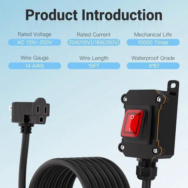 Alt view image 4 of 7 - Inline Power Switch with 15-ft 14AWG Cable Piggyback Plug(3-Pronged),Red LED Rocker Button,IP67 Waterproof Extension Cord with On/Off Switch, AC/DC 20A-125V / 16A-250V15FT/14AWG