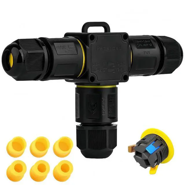 Alt view image 2 of 7 - T-Shape 3-Way IP68 Waterproof Junction Box, Screwless Lever Quick-Release Cable Connector with M20 Glands, UL/ETL/CE Certified Outdoor Splice Box for Landscape Lighting, Underground, 4-12mm, Black