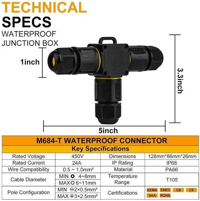 Alt view image 5 of 7 - T-Shape 3-Way IP68 Waterproof Junction Box, Screwless Lever Quick-Release Cable Connector with M20 Glands, UL/ETL/CE Certified Outdoor Splice Box for Landscape Lighting, Underground, 4-12mm, Black