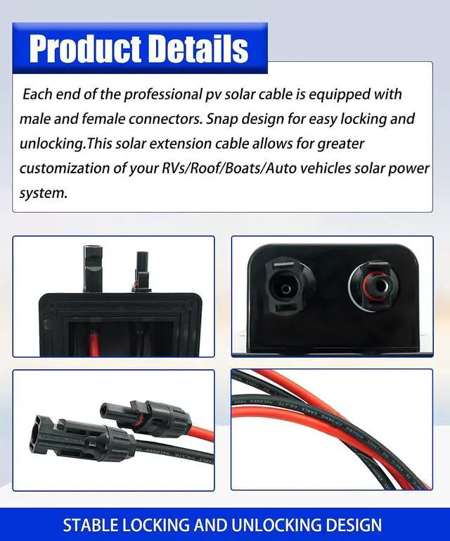 Alt view image 3 of 6 - 10Ft Solar Cable Entry Gland with 10AWG Solar Extension Cable,MC4 Connectors for Solar Junction Box Fit for RV, Boat, Camper & Van Lnstallations, Tinned Copper Wire