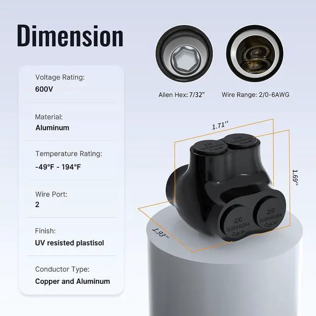 Alt view image 2 of 6 - 2 Port Dual Entry Insulated Multi Tap Connector 2/0-6 AWG Aluminum Wire Connector Splice Electrical Power Connector 3/16" Allen Hex - 6 Pack